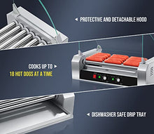 Load image into Gallery viewer, SYBO Hot Dog Roller, 18 Hot Dog 7 Roller Grill Cooker Machine with Removable Stainless Steel Drip Tray and Glass Hood Cover, 1000-Watts, OT-R3-8

