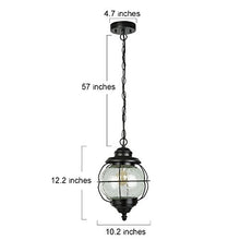 Load image into Gallery viewer, LALUZ Outdoor Hanging Lantern Porch Painted Black Metal with Clear Bubbled Glass Globe in Iron Cage Frame, 1-Light Light, 10.2" Exterior Pendant Lighting for Garage
