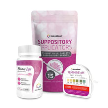 Load image into Gallery viewer, NutraBlast Boric Acid Vaginal Suppositories 600mg (30 Count) w/ Disposable Vaginal Suppository Applicators (15-Pack) and Feminine pH Test Strips 3.0-5.5 (100 Tests Roll)
