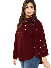 Load image into Gallery viewer, Romwe Women's Plus Elegant Pearls Beaded Long Sleeve Blouse Top Burgundy 0XL
