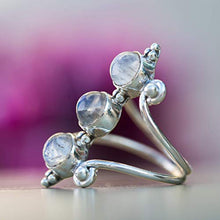 Load image into Gallery viewer, Moonstone Silver Ring, 925 Sterling Silver and Three Moonstone Light Blue Gemstones Ring for Women, Triple Moonstone and Real Silver Boho Chic Statement Ring, Bohemian Gift Idea, Handmade by Lilyom.
