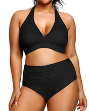 Load image into Gallery viewer, Yonique Womens Two Piece Plus Size Halter Bikini Swimsuits High Waisted Swimwear Tummy Control Bathing Suits Black 24Plus

