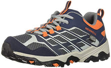 Load image into Gallery viewer, Merrell Unisex-Kid's Moab FST Low WTRPF Hiking Shoe, Navy/Grey/Orange, 2 M US Little Kid

