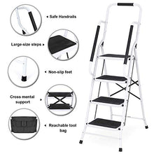 Load image into Gallery viewer, charaHOME 4 Step Ladder Step Stool 500 lb Capacity Folding Portable Ladder Steel Frame with Safety Side Handrails Non-Slip Wide Pedal Kitchen and Home Stepladder with Attachable Tool Bag

