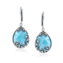 Load image into Gallery viewer, Bali Style Teardrop Scroll Filigree Scroll Light Blue Larimar Leverback Dangle Earrings For Women 925 Sterling Silver
