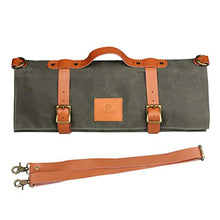 Load image into Gallery viewer, SmarTopus Chef Knife Roll Bag - Handmade Waxed Canvas and Leather Knife Bag Stores 10 Knives + Zipper Pocket and Shoulder Strap
