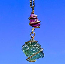 Load image into Gallery viewer, MOLDAVITE &amp; SUGILITE Pendant in Real Gold! 12 Kt Genuine Crystal 19" Necklace. Synergy 12 Tektite Metaphysical Jewelry Meteorite Wire Wrap Stone
