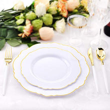 Load image into Gallery viewer, WDF 30Guest Gold Plastic Plates &amp; Disposable Gold Plastic Silverware With White Handle- Baroque White&amp;Gold Plastic Dinnerware for Upscale Wedding &amp;Parties
