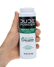 Load image into Gallery viewer, Dude Products Body Powder, Menthol Chill 4 Ounce Bottle Natural Deodorizers Cooling Menthol &amp; Aloe, Talc Free Formula, Corn-Starch Based Daily Post-Shower Deodorizing Powder for Men, Cooling Menthol

