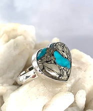 Load image into Gallery viewer, A Matrix of Natural PYRITE and Genuine Blue TURQUOISE Gemstone, 925 Sterling Silver, Heart Ring Sz 9 Jewelry
