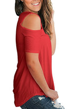 Load image into Gallery viewer, Cold Shoulder Tops for Women Plain Short Sleeve T Shirts V Neck Blouse Red XL
