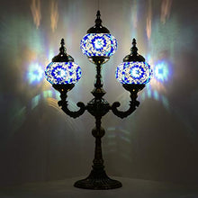 Load image into Gallery viewer, Mosaic Table Lamp Marrakech Handmade Turkish Mosaic Glass Lamp 3 Globes Candelabra Moroccan Tiffany Style Lamp Decorative Night Light for Living Room Bedroom (Blue)
