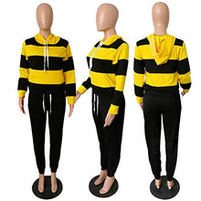 Load image into Gallery viewer, Women's Two Piece Outfits Stripes Sweatsuit Tracksuit Kangaroo Pocket Hoodies Sweatshirt Drawstring Pants Yellow Black L
