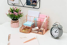 Load image into Gallery viewer, Yarlung Mesh Rose Gold Desk Organizer with 5 Compartments and Sliding Drawer, Multifunctional Office Supplies Holder, Desk Accessories Collection for Women and Men
