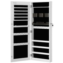 Load image into Gallery viewer, SONGMICS Jewelry Cabinet Armoire, Lockable Wall-Mounted Storage Organizer Unit with 2 Plastic Cosmetic Storage Trays, Full-Length Frameless Mirror, for Necklace Earring, White UJJC001W01
