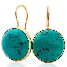 Load image into Gallery viewer, Turquoise Drop Earrings 14K Solid Gold - Beautiful 12mm Round Cut Natural Turquoise Gemstone December Birthstone Housed in Yellow Gold Dangle/Drop Earrings - Elegant Handmade Jewelry
