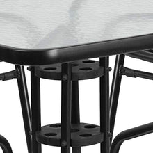 Load image into Gallery viewer, Flash Furniture 31.5'' Square Glass Metal Table with 4 Black Metal Aluminum Slat Stack Chairs
