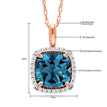 Load image into Gallery viewer, Gem Stone King 10K Rose Gold London Blue Topaz and White Diamond Pendant Necklace for Women (2.05 Cttw Cushion Cut 7MM, with 18 Inch Chain)
