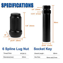 Load image into Gallery viewer, GAsupply 20pcs Black 12x1.5 Lug Nuts, Closed End Acorn Spline Tuner Lug Nuts 1.38" Tall 3/4" Hex Conical/Cone Seat for Aftermarket Wheels, Pack of 20+1 Socket Key
