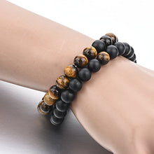 Load image into Gallery viewer, Long Way 2 pcs Black Matte Agate &amp; Tiger Eye Gem Beads 8mm Double Matching Distance Bracelets 7.5" Z &amp; 7.9"
