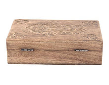 Load image into Gallery viewer, DharmaObjects Hamsa Hand of Fatima Hand Carved Jewelry Trinket Keepsake Wooden Storage Box (Fatima Hand, Large)
