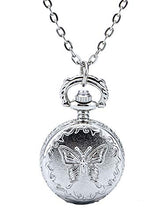 Load image into Gallery viewer, BOSHIYA Retro Design Sliver Butterfly Flower Openwork Cover Pocket Quartz Watch with Roman Character Pendant Necklace (2. Silver Butterfly)
