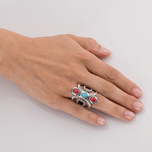Load image into Gallery viewer, American West Sterling Silver Red Coral and Blue Turquoise Gemstone Twisted Rope &amp; Zigzag Motif Ring Size 07

