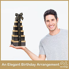 Load image into Gallery viewer, Happy Birthday Tower Gift Basket, Gourmet Nuts &amp; Dried Fruits + Black Ribbon (12 Assortments) Arrangement Platter, Care Package Variety, Healthy Food Tray, Kosher Snack Box for Women Men Adults
