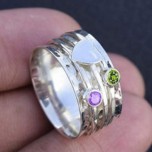 Load image into Gallery viewer, Amethyst and Moonstone Spinner Ring, 925 Sterling Silver Heart Designer Ring, Wide Band Ring, Hammered Meditation Ring (OPTIONS AVAILABLE FOR GEMSTONE &amp; HEART)
