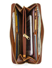Load image into Gallery viewer, Timberland Leather RFID Zip Around Wallet Clutch with Wristlet Strap, Cognac (Buff Apache)
