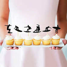 Load image into Gallery viewer, Ercadio 24 Pack Surfing Cupcake Toppers Black Glitter Surfboard Sport Cupcake Picks Surf Theme Baby Shower Kids Birthday Party Cake Decorations Supplies
