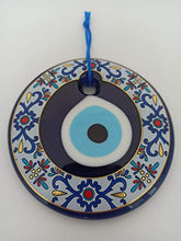 Load image into Gallery viewer, Erbulus Glass Blue Evil Eye Wall Hanging Colorful Floral Design Ornament – Turkish Nazar Bead - Home Protection Charm - Wall Art Amulet in a Box
