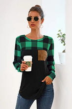 Load image into Gallery viewer, Green Black Buffalo Plaid Neck Long Sleeve Patchwork Blouse Top Curve Hem Tunic

