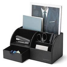 Load image into Gallery viewer, Office Desk Organizer with Drawer, PU Leather Office Supplies Caddy with Pencil Holder and Storage Baskets for Desktop Accessories, 6 Compartments with Drawer, Black
