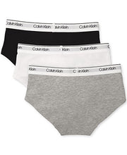 Load image into Gallery viewer, Calvin Klein Big Girls' Kids Modern Cotton Hipster Underwear, Multipack, Heather Grey, Classic White, Black-3 Pack, Large
