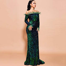 Load image into Gallery viewer, Lin Lin Q Sexy Off Shoulder Feather Long Sleeve Sequin Floor Length Evening Party Maxi Dress Green S
