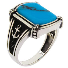 Load image into Gallery viewer, Solid 925 Sterling Silver Rings for Men Turkish Handmade Simulated Turquoise Anchor Luxury Design Premium Quality (9)
