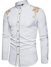 Load image into Gallery viewer, WHATLEES Mens Casual Hipster Mandarin Collar Slim Fit Long Sleeve Dress Shirts with Gold Embroidery T156 White Large
