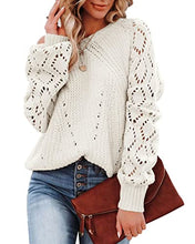 Load image into Gallery viewer, Womens Sweaters Fall 2022 Off Shoulder Long Sleeve Casual Crew Neck Fashion Crochet Knitted Pullover Jumper Top Milky White
