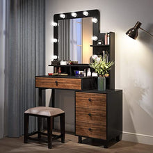 Load image into Gallery viewer, Tribesigns Vintage Vanity Table with Lighted Mirror, Vintage Makeup Dressing Table with Large Drawer and 3-Drawer Chest, Dresser Table for Women (Brown, Stool NOT Included) (Brown/Black)
