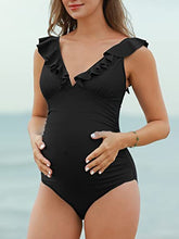 Load image into Gallery viewer, Summer Mae Maternity Swimsuit V-Neck One Piece Swimsuit Ruffled Lace Up Monokini Black L
