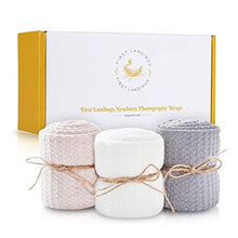 Load image into Gallery viewer, First Landings Baby Wrap | Set of 3 Premium Knit Wraps | Newborn Photography Props for Boy or Girl Photoshoot | Unisex Newborn Receiving Blankets or Baby Swaddle Wrap
