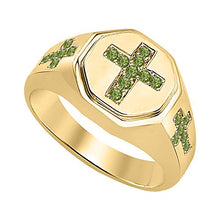Load image into Gallery viewer, tusakha 14k Yellow Gold Plated Round Green Tourmaline 3 Crosses Wedding Band Ring for Men's.
