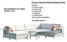 Load image into Gallery viewer, DECMICO 8-Piece Patio Rattan Sectional Sofa Sleeper, Outdoor Furniture Conversation Set for Garden and Lawn with Wicker Coffee Table and Light Grey Waterproof Cushions
