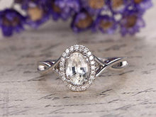 Load image into Gallery viewer, White sapphire Engagement Ring 14K White Gold 5x7mm Oval Cut Sapphire Halo Ring Criss Cross Ring, Twist Band SI I-J Diamonds VS White Gemstone

