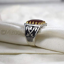 Load image into Gallery viewer, Red Onyx Silver Boys Ring, 925K Sterling Silver, Handmade Silver Ring, Aqeeq Men's Red Onyx, Black Enamel, Sword Design, Birthday Gift For Him
