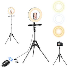 Load image into Gallery viewer, Selvim 10 '' Selfie Ring Light with Tripod ＆ 3 Cellphone Holders for Live Stream/Makeup/Selfie, 128 LED Bulbs 3 Light Modes 10-Level Brightness 360° Rotating, with Bluetooth Remote Control
