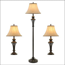 Load image into Gallery viewer, Smeike 3 Pack Lamp Set (2 Table Lamps, 1 Floor Lamp), 3-Piece Vintage Style Table and Floor Lamp Set in Bronze Finish with Brown Fabric Lamp Shades, 26" and 61"(H), Solid Iron
