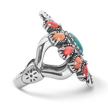 Load image into Gallery viewer, American West Sterling Silver Green Turquoise, Red and Orange Spiny Oyster Gemstone Cluster Ring Size 9

