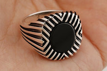 Load image into Gallery viewer, Motif Modern Style Ottoman Oval Black Onyx Turkish Handmade Jewelry 925 Sterling Silver Men's Ring All Size Options Size
